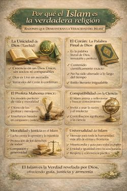Infografía que explica por qué el Islam es la verdadera religión mediante la unicidad de Dios, el Corán, la razón, la justicia y un mensaje universal